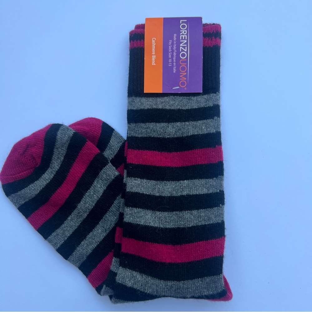 LORENZO UOMO MENS CASHMERE BLEND SOCKS GRAY BLACK FUCHSIA OS NWT